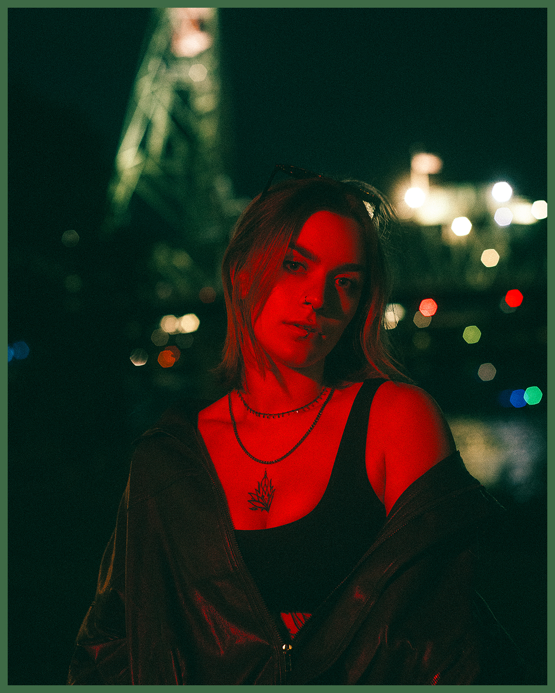 Cinematic Night Portraits in Portland: Red Light, Neon, and Double Exposures — photograph 3 of 20